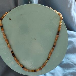 Elegant Beaded Necklace in Gold and Brown Wood And Misc Beads